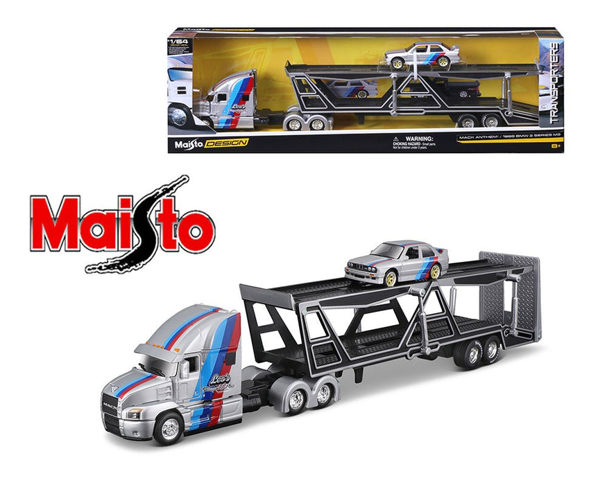 Mack Anthem and 1988 BMW M3 - Silver - Design Transporters - Maisto 1/64 - 11454 SIL - Passion Diecast 