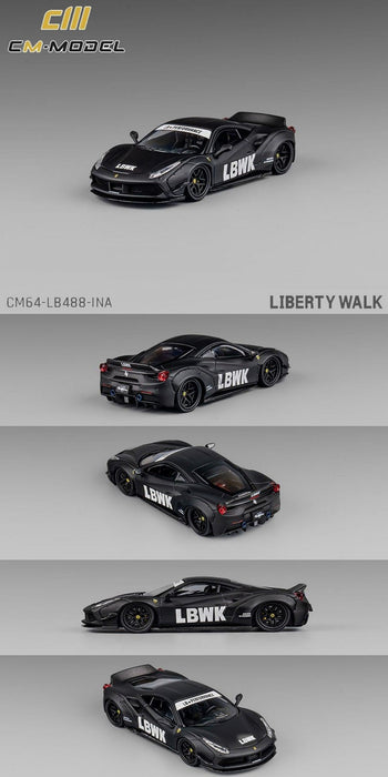 LBWK Liberty Walk F488 Widebody Indonesia Exclusive - Matted Black with Carbon - CM Model - 1:64 - CM64-LB488-INA
