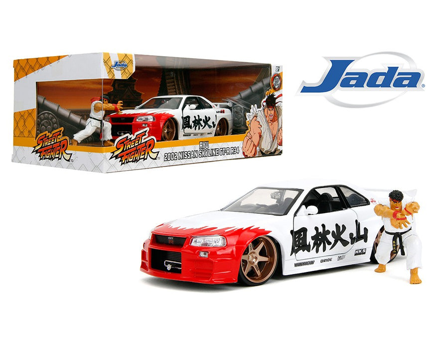 2002 Nissan Skyline GT-R R34 and Ryu Figure - Street Fighter - Hollywood Rides - Jada - 1/24 - 35114 - Passion Diecast 