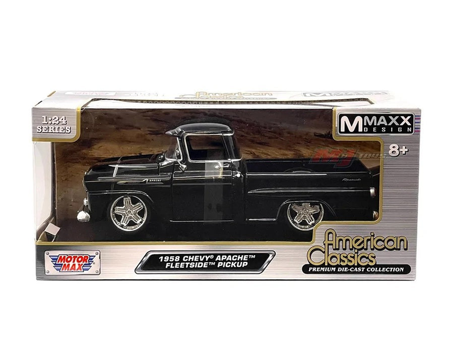 1958 Chevrolet Apache Fleetside Pickup with Custom Wheels - Black - Motormax 1-24 - 79311 MXBK - Passion Diecast 