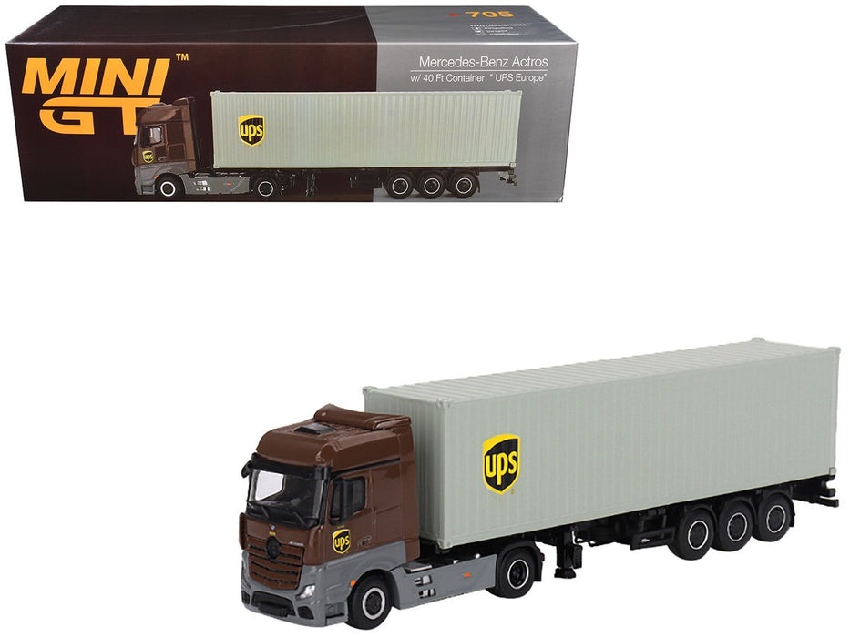 Mercedes-Benz Actros w/ 40 Ft Container - UPS Europe - MINI GT 1/64 - MGT00705 - Passion Diecast