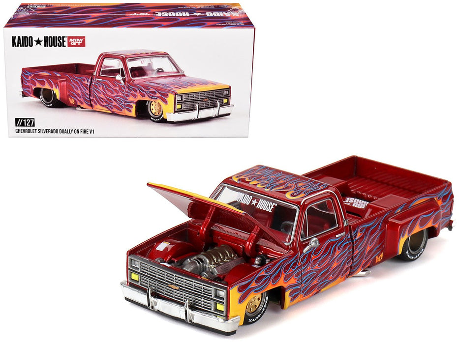 Kaido★House - Chevrolet Silverado Dually on Fire V1 - Mini GT - Mijo Exclusives - 1/64 - KHMG127 Passion Diecast