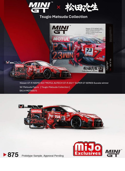 Nissan GT-R No.23 MOTUL AUTECH GT-R 2021 SUPER GT SERIES Suzuka winner W/ Matsuda Figure - Mini GT - 1:64 - MGT00875