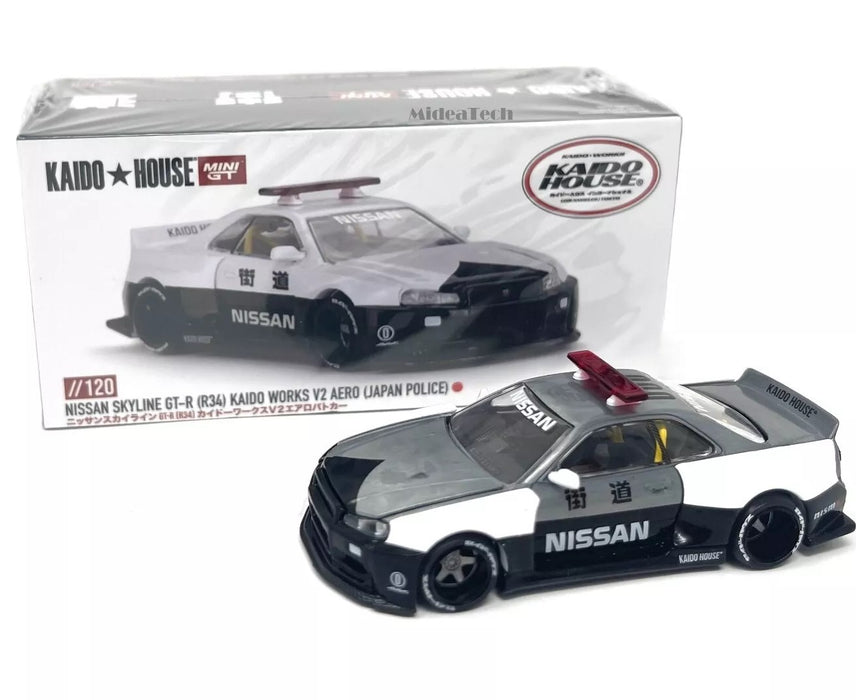CHASE CAR Kaido★House - Nissan Skyline GT-R R34 Kaido Works (V2 Aero) Police - Mini GT - Mijo Exclusives - 1/64 - KHMG120GR