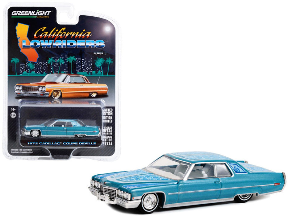 1972 Cadillac Coupe deVille in Custom Light Blue - California Lowriders Series 2 -1/64 Greenlight - 63030 E