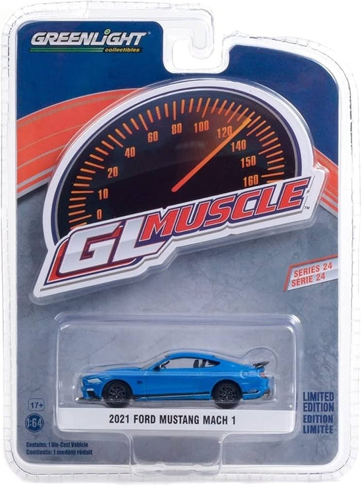 2021 Ford Mustang Mach 1 blue and black stripe GL Muscle  24 Greenlight 1/64 - 13290 F  - Passion Diecast 