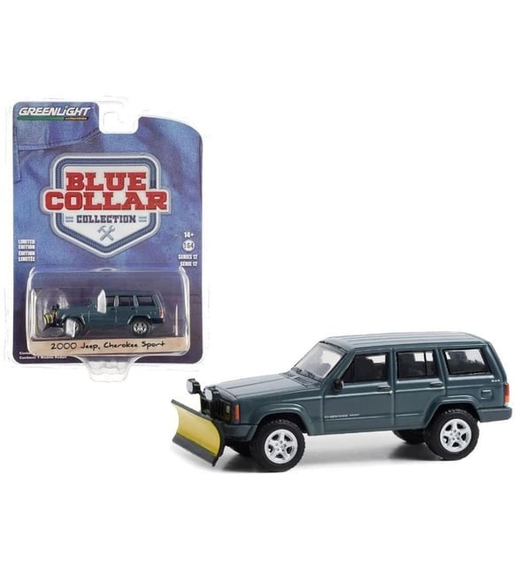 2000 Jeep Cherokee Sport with Snow Plow - Blue Collar Collection Series 12 -1/64 Greenlight - 35260 E Passion Diecast 