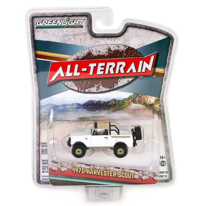1970 Harvester Scout Lifted with Off-Road Parts in White and Gold - All-Terrain Series 15 -1/64 Greenlight - 35270 B