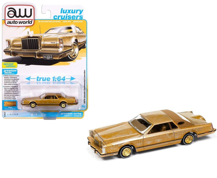 1979 Lincoln Continental Lowrider in Gold Metallic with Lowrider Graphics - Auto World - 1/64 - AWSP175 B