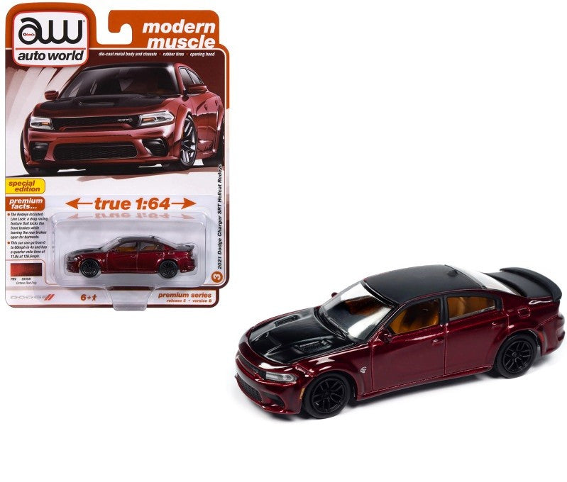 2021 Dodge Charger SRT Hellcat Redeye in Octane Red wth Flat Black Top and Hood - Auto World - 1/64 - AWSP172 B