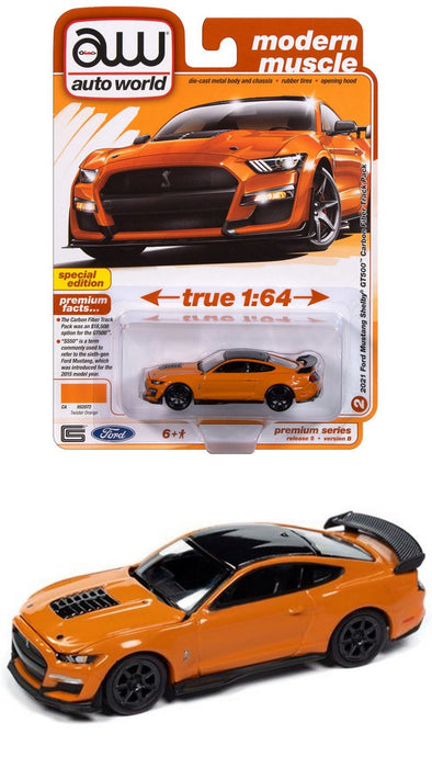 2021 Ford Mustang Shelby GT500 Carbon Fiber in Twister Orange with Black Roof - Auto World - 1/64 - AWSP171 B