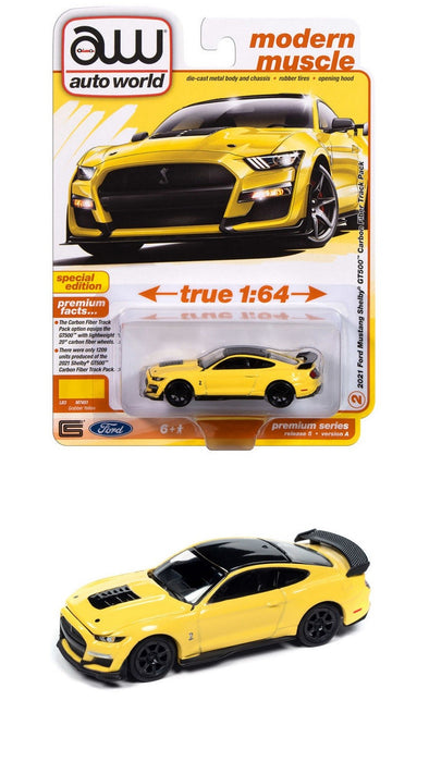 2021 Ford Mustang Shelby GT500 Carbon Fiber in Grabber Yellow with Black Roof - Auto World - 1/64 - AWSP171 A