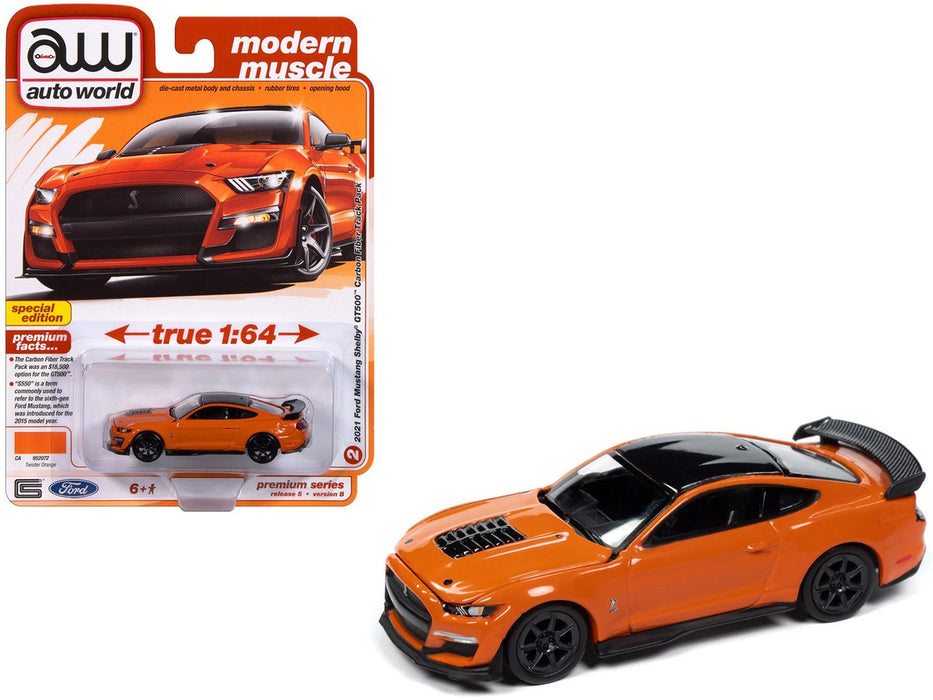 2021 Ford Mustang Shelby GT500 Carbon Fiber in Twister Orange with Black Roof - Auto World - 1/64 - AWSP171 B