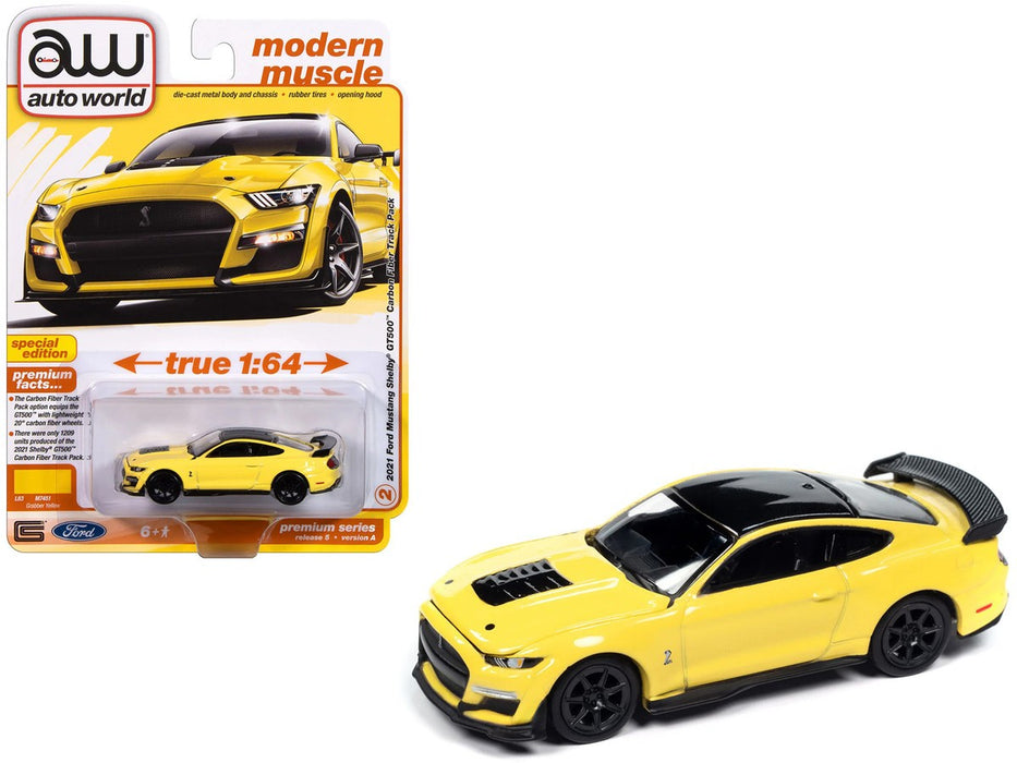 2021 Ford Mustang Shelby GT500 Carbon Fiber in Grabber Yellow with Black Roof - Auto World - 1/64 - AWSP171 A
