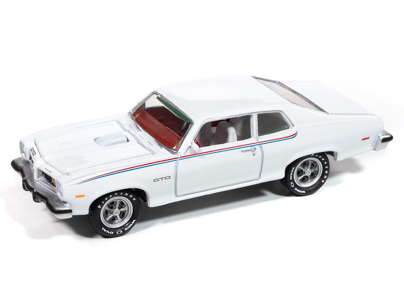 1974 Pontiac GTO Mecum Auctions in White with Red, White, and Blue Stripe - Johnny Lightning 1/64 - JLCT015 C Passion Diecast