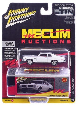 1974 Pontiac GTO Mecum Auctions in White with Red, White, and Blue Stripe - Johnny Lightning 1/64 - JLCT015 C Passion Diecast