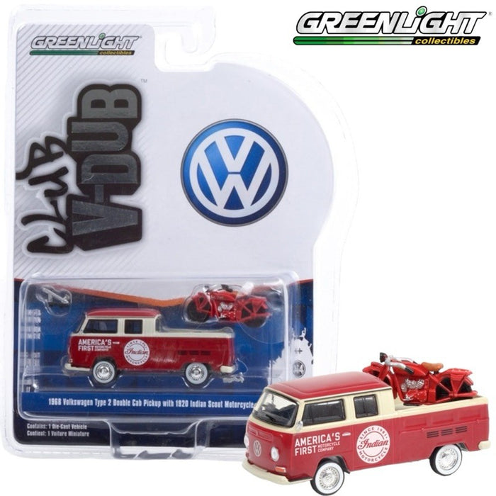 1968 Volkswagen Type 2 Double Cab Pickup Indian Motorcycle Sales - Club Vee-Dub Series 13  Greenlight 1/64  - 36030 A