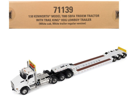Kenworth T880 Daycab Tridem Tractor in White with Trail King TK120 HDG Lowboy Trailer - Diecast Master - 1/50 - 71139
