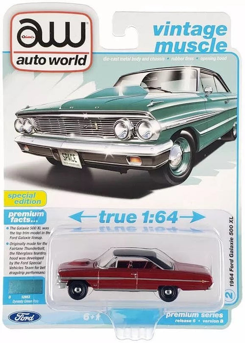 CHASE CAR 1964 Ford Galaxie 500XL in Dynasty Green with Black Roof - Auto World - 1/64 - AWSP174 BGR