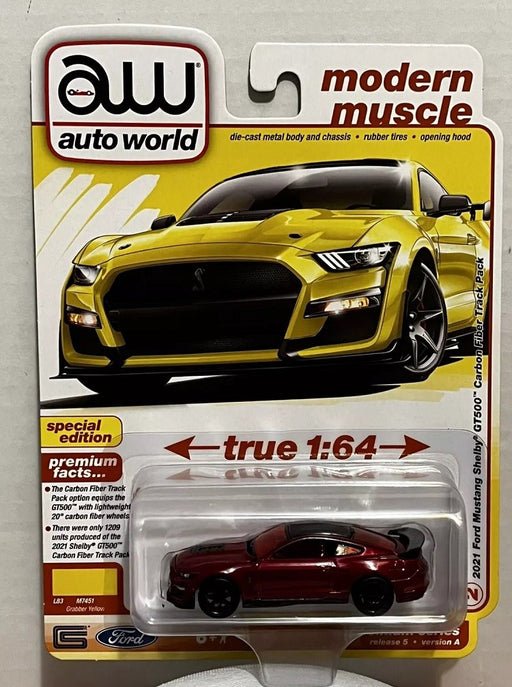 CHASE CAR 2021 Ford Mustang Shelby GT500 Carbon Fiber in Grabber Yellow with Black Roof - Auto World - 1/64 - AWSP171 AGR