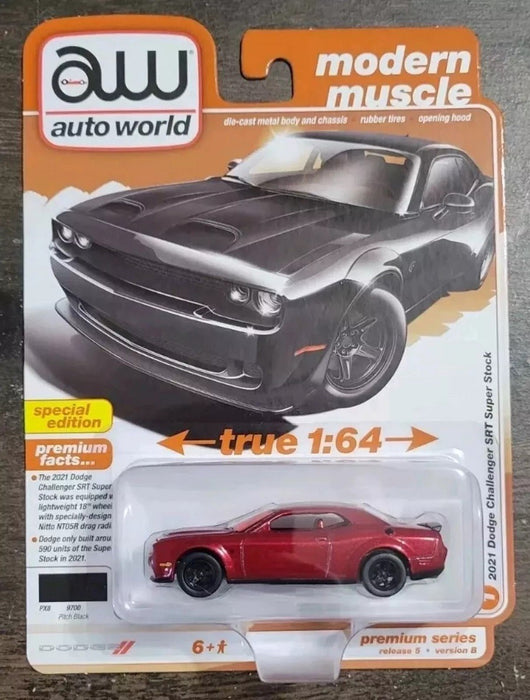 CHASE CAR 2021 Dodge Challenger SRT Super Stock in Pitch Black with Flat Black Top and Hood - Auto World - 1/64 - AWSP170 BGR