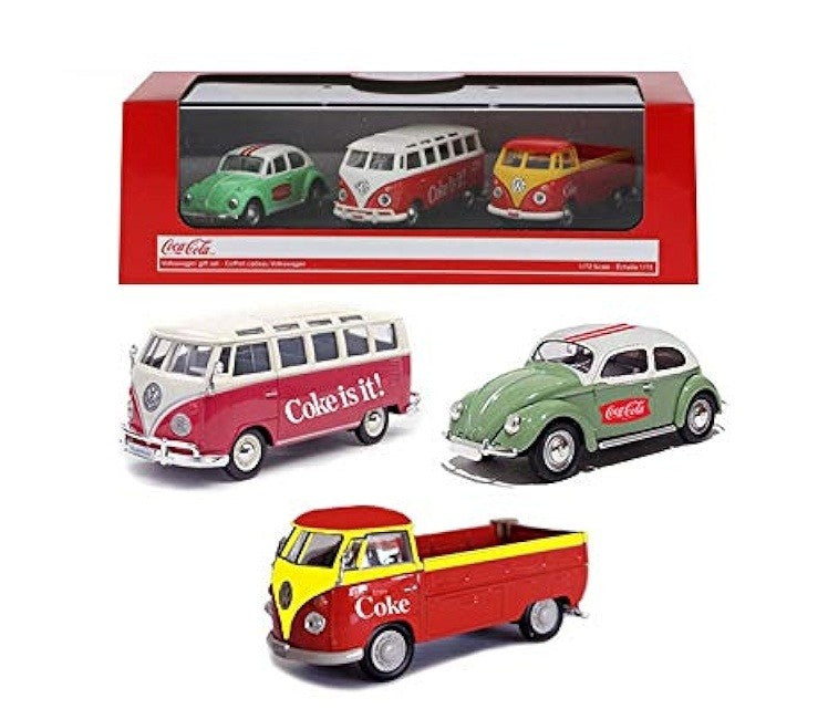 Coca Cola Gift Set of 3 - VW  Samba/Beetle/T1 Pick up/  Motorcyty Classics/1/72 -45835
