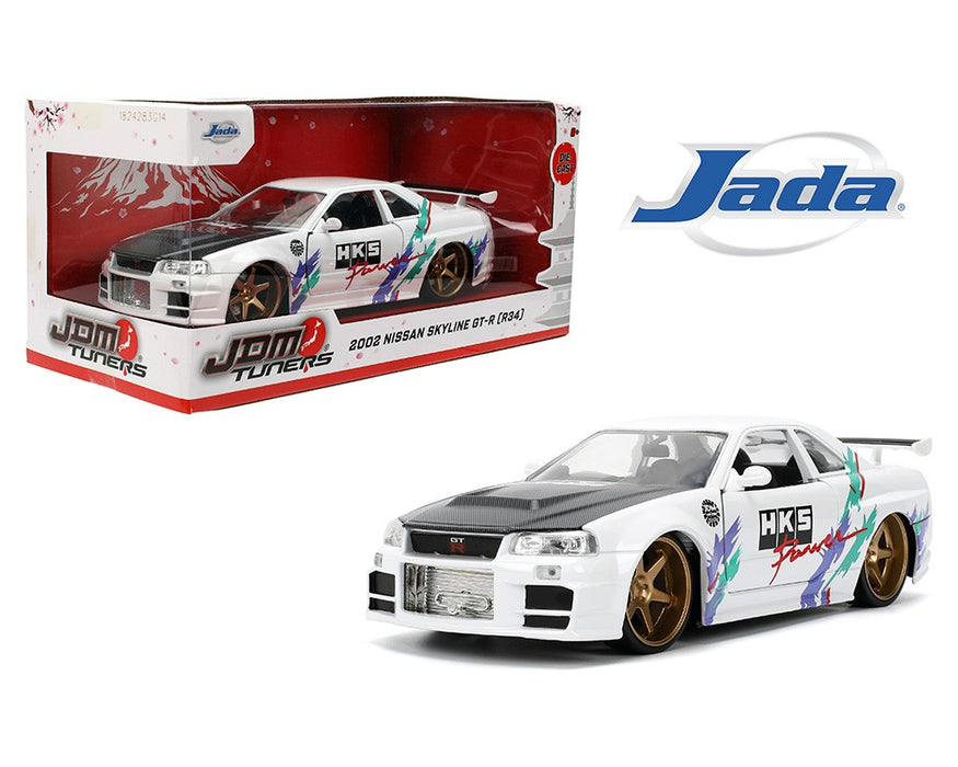 2002 Nissan Skyline GT-R (R34) - White with Carbon Fiber Hood and HKS Graphics - JDM Tuners - Jada 1/24 - 36339