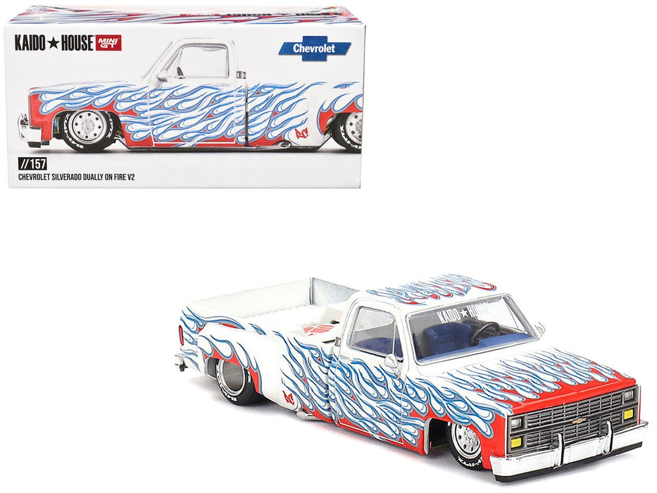 Kaido★House - CHEVROLET SILVERADO DUALLY ON FIRE V2 - Mini GT - Mijo Exclusives - 1/64 - KHMG157 Passion Diecast