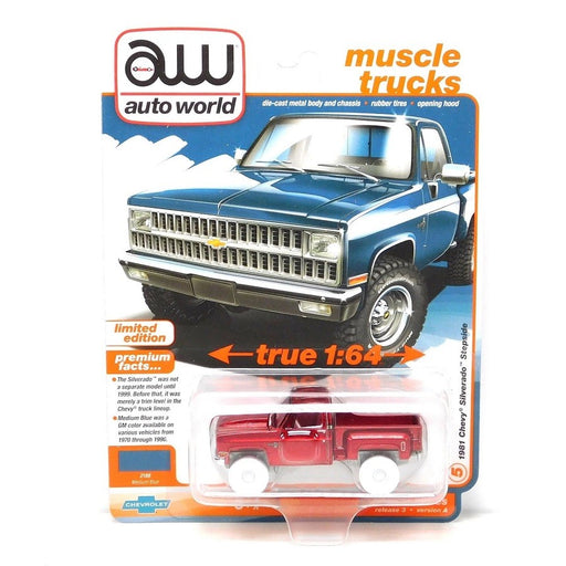 CHASE CAR 1981 Chevrolet Silverado Stepside 10 Pickup - Medium Blue - Auto World - 1/64 - AWSP179 AGR