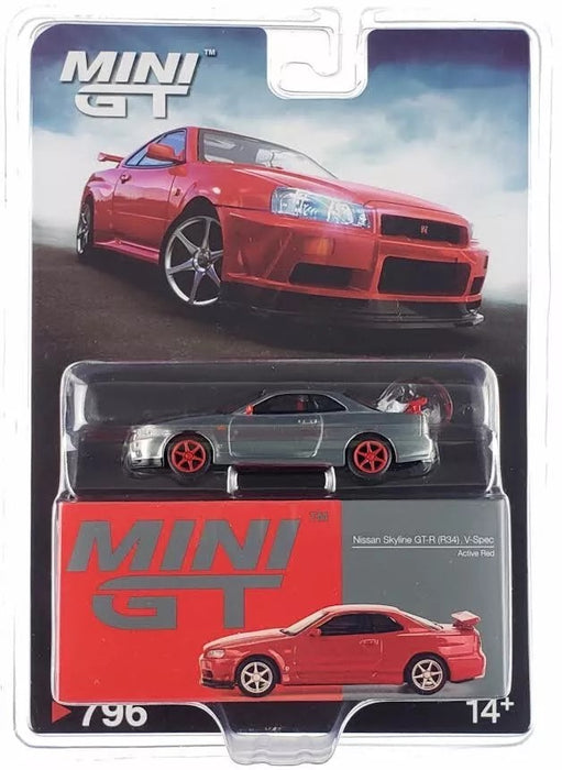 CHASE CAR Nissan Skyline GT-R (R34) V-Spec Rouge Actif - Mini GT - 1:64 - MGT00796GR Passion Diecast