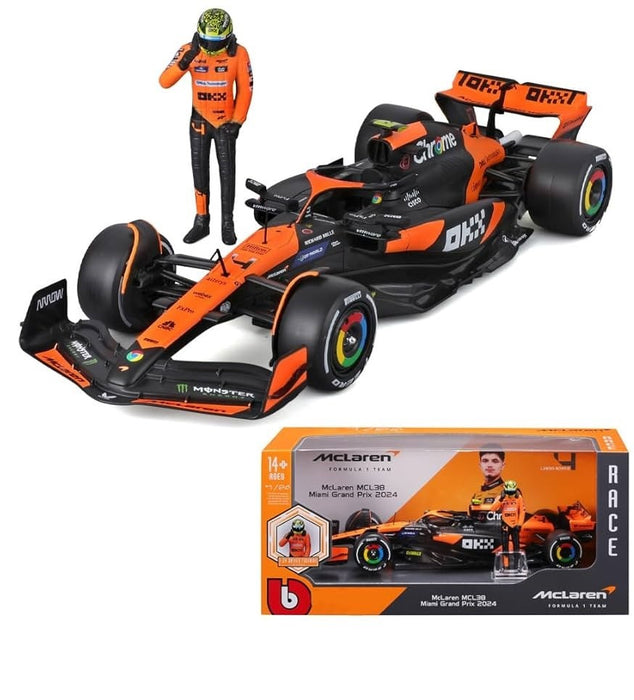 McLaren Formula 1 Team MCL38 Miami Grand Prix 2024 No.4 Lando Norris with Driver Figure - Bburago 1/24 - 18-28040 LN