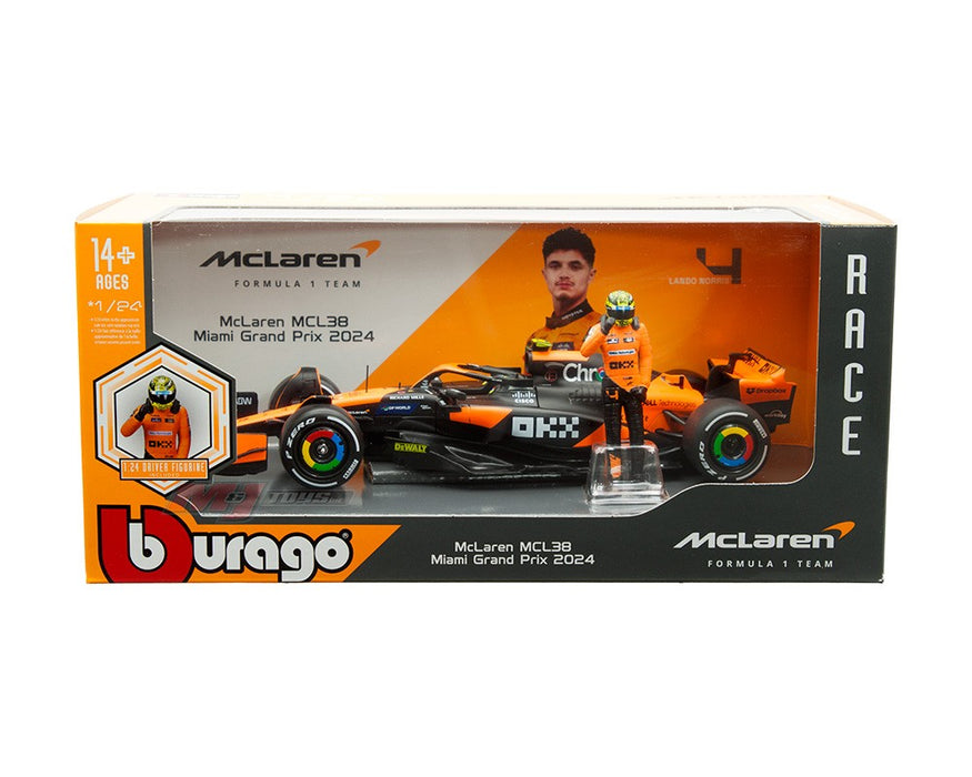 McLaren Formula 1 Team MCL38 Miami Grand Prix 2024 No.4 Lando Norris with Driver Figure - Bburago 1/24 - 18-28040 LN