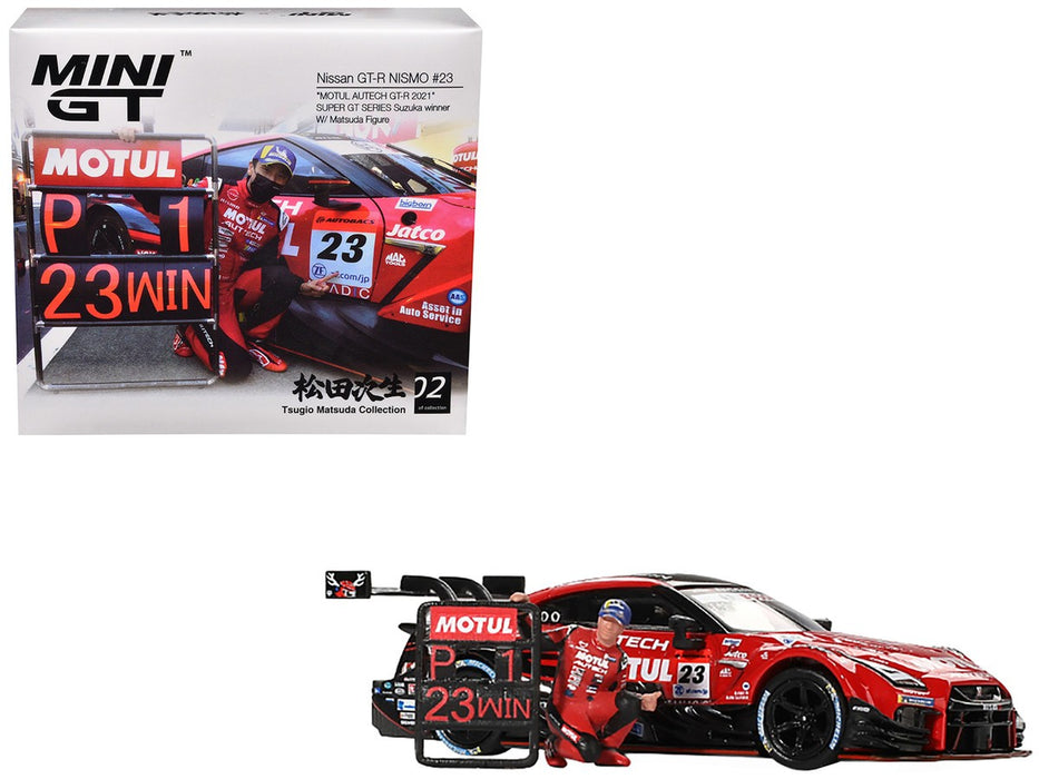 Nissan GT-R No.23 MOTUL AUTECH GT-R 2021 SUPER GT SERIES Suzuka winner W/ Matsuda Figure - Mini GT - 1:64 - MGT00875