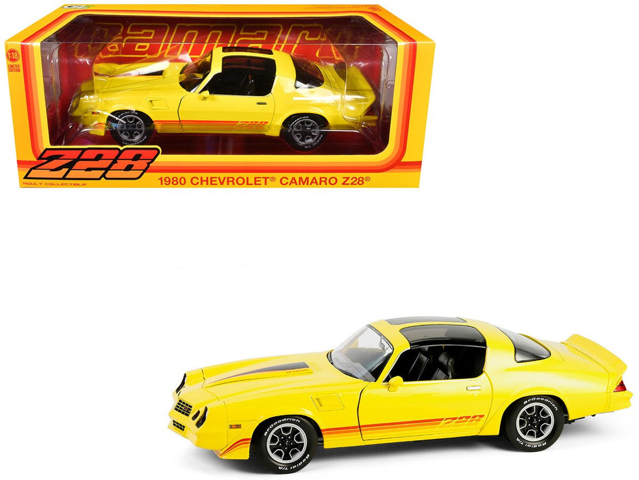 1980 Chevrolet Camaro Z/28 with T-Tops in Bright Yellow with Red Tri Color Stripes - 1/18 - Greenlight - 13690