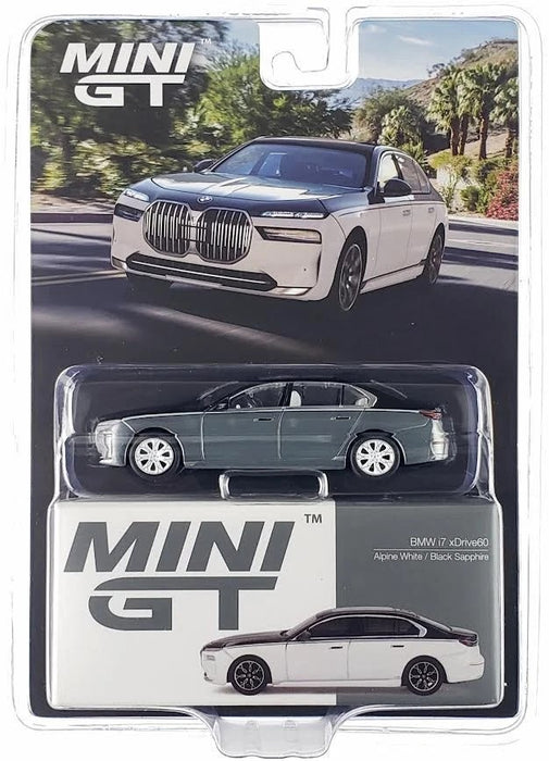 CHASE CAR BMW i7 xDrive60 Blanc Alpin / Saphir Noir - Mini GT - 1:64 - MGT00959GR Passion Diecast