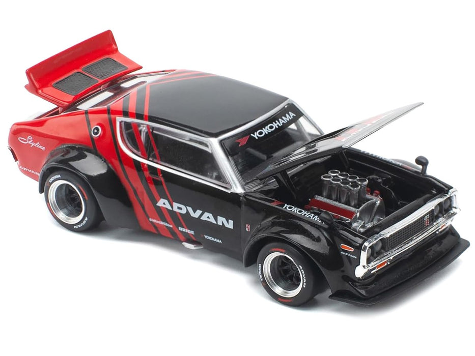 Skyline KPGC110 "Kenmeri" "ADVAN" Black and Red - Pop Race 1:64 - PR640199 -  Passion Diecast 