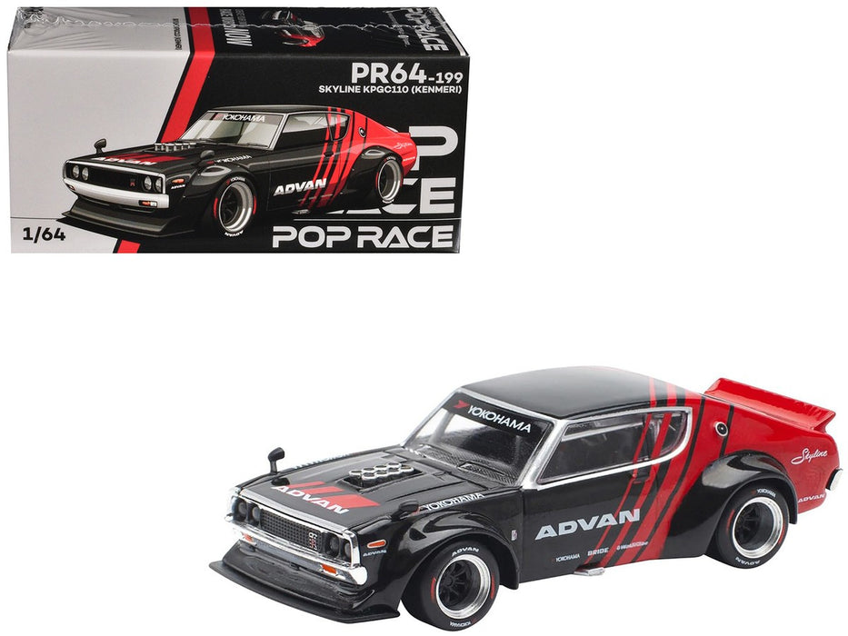 Skyline KPGC110 "Kenmeri" "ADVAN" Black and Red - Pop Race 1:64 - PR640199 -  Passion Diecast 