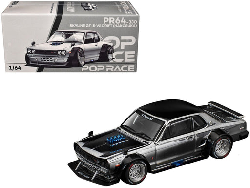Skyline GT-R V8 Drift "Hakosuka" Silver Chrome with Black Hood and Top - Pop Race 1:64 - PR640330 -  Passion Diecast 