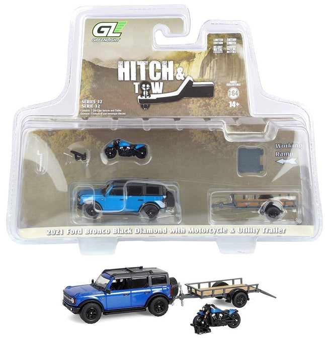 2021 Ford Bronco Black Diamond with Utility Trailer and Motorcycle - Hitch & Tow Series 32 - 1/64 GL - 32320 C