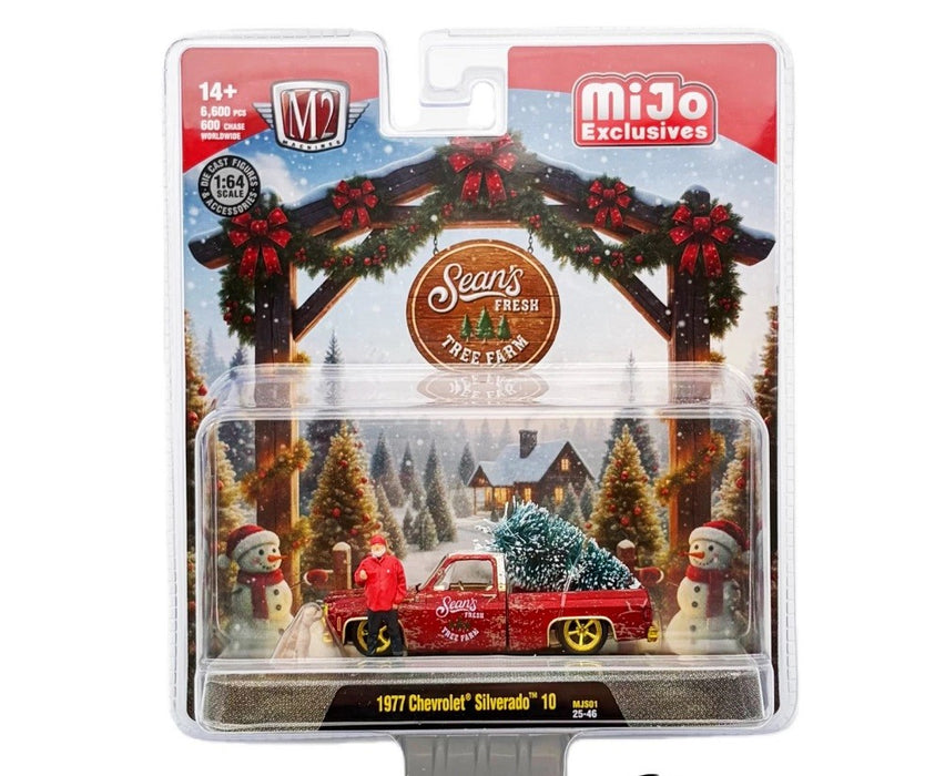 CHASE CAR Diorama Seans Fresh Tree Farm 1977 Chevrolet Silverado 10 with Sean Figure & Dog - M2 Machine - 1:64 - 67500-MJS01GR