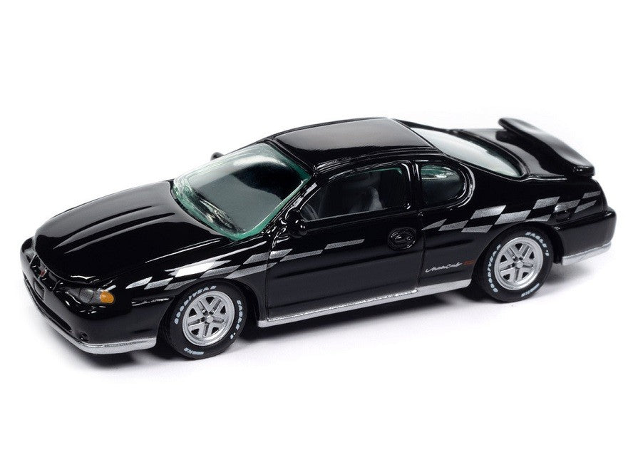 2001 Chevrolet Monte Carlo SS in Gloss Black with Checkered Side Stripe - Johnny Lightning 1/64 - JLCG033 B D Passion Diecast