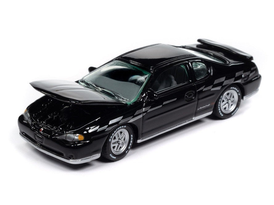 2001 Chevrolet Monte Carlo SS in Gloss Black with Checkered Side Stripe - Johnny Lightning 1/64 - JLCG033 B D Passion Diecast