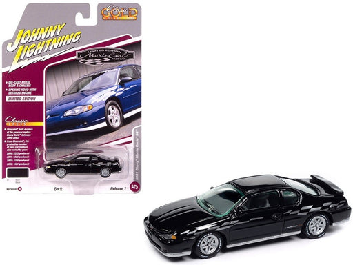 2001 Chevrolet Monte Carlo SS in Gloss Black with Checkered Side Stripe - Johnny Lightning 1/64 - JLCG033 B D Passion Diecast