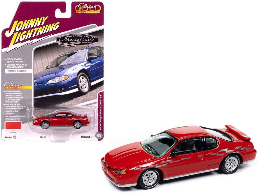 2000 Chevrolet Monte Carlo SS in Torch Red with Checkered Side Stripe - Johnny Lightning 1/64 - JLCG033 A D Passion Diecast