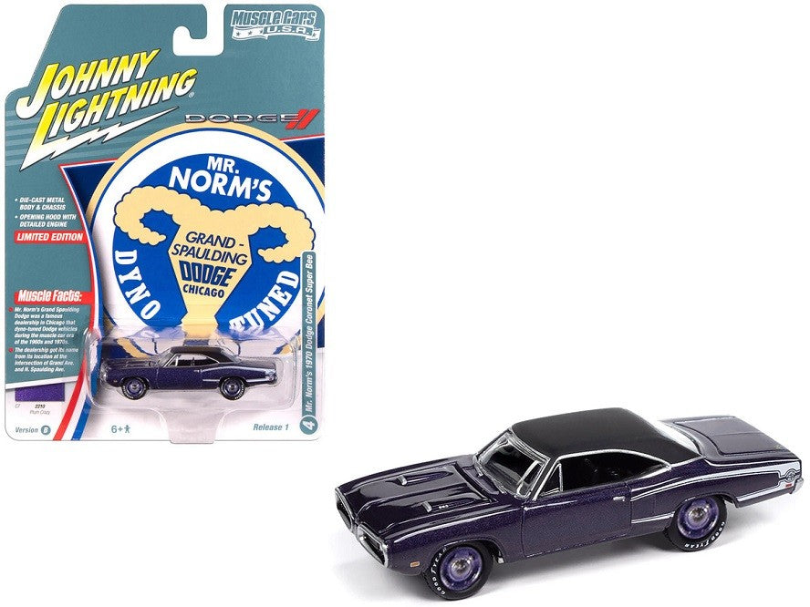 1970 Dodge Coronet Super Bee Plum Crazy Metallic Black Top and White Stripes - Johnny Lightning 1/64 - JLMC034 B E
