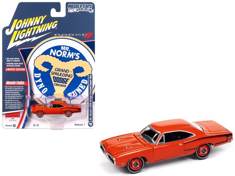 1970 Dodge Coronet Super Bee Hemi Orange with Black Stripes - Johnny Lightning 1/64 - JLMC034 A E