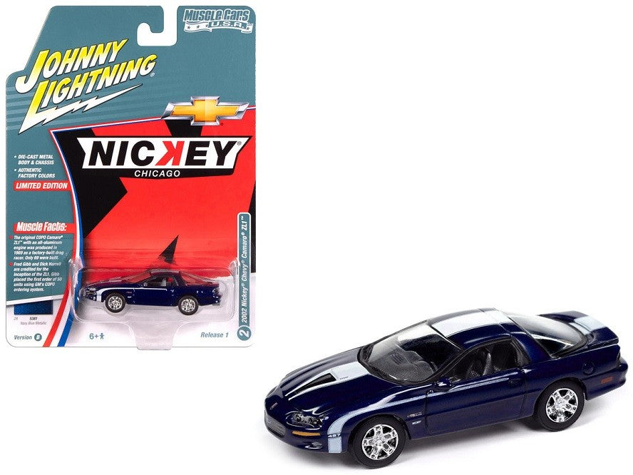 Nickey 2002 Chevrolet Camaro ZL1 in Metallic Blue with White Stripes - Johnny Lightning 1/64 - JLMC034 B B