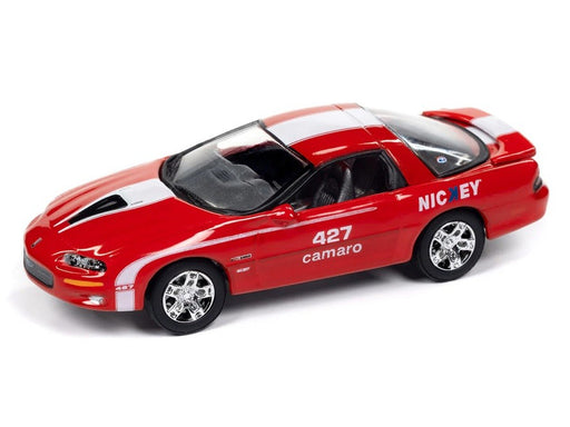Nickey 2002 Chevrolet Camaro ZL1 in Red with White Stripes - Johnny Lightning 1/64 - JLMC034 A B