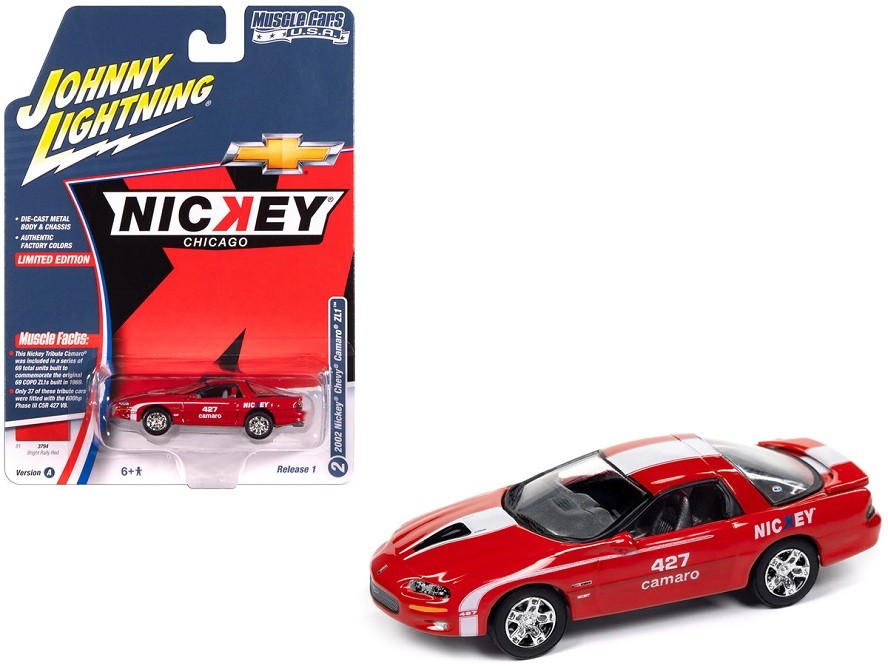 Nickey 2002 Chevrolet Camaro ZL1 in Red with White Stripes - Johnny Lightning 1/64 - JLMC034 A B