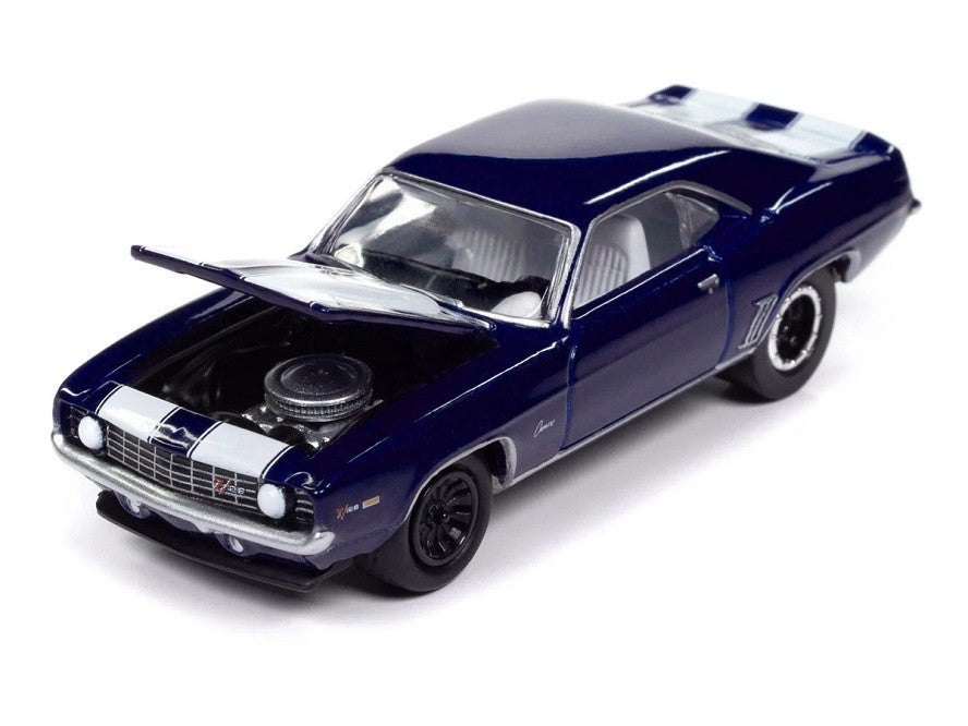 1969 Chevrolet Camaro Z28 in Metallic Blue with White Stripes - Johnny Lightning 1/64 - JLMC034 A A